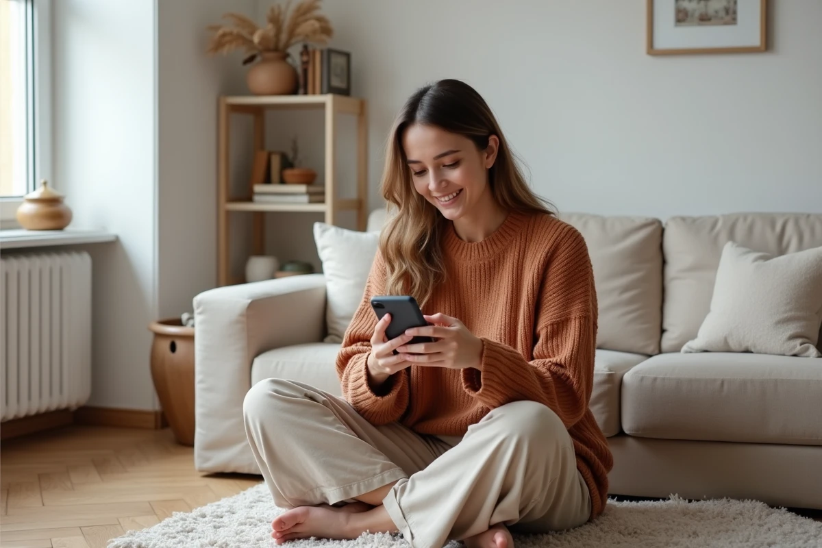 Jeune femme explorant une application en ligne sur son smartphone dans un salon scandinave cosy
