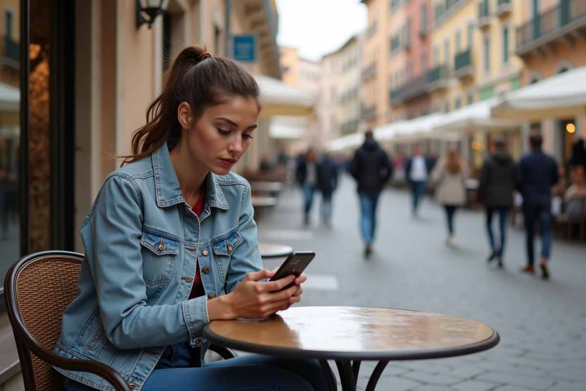 Jeune femme au café en Italie en train de téléphoner
