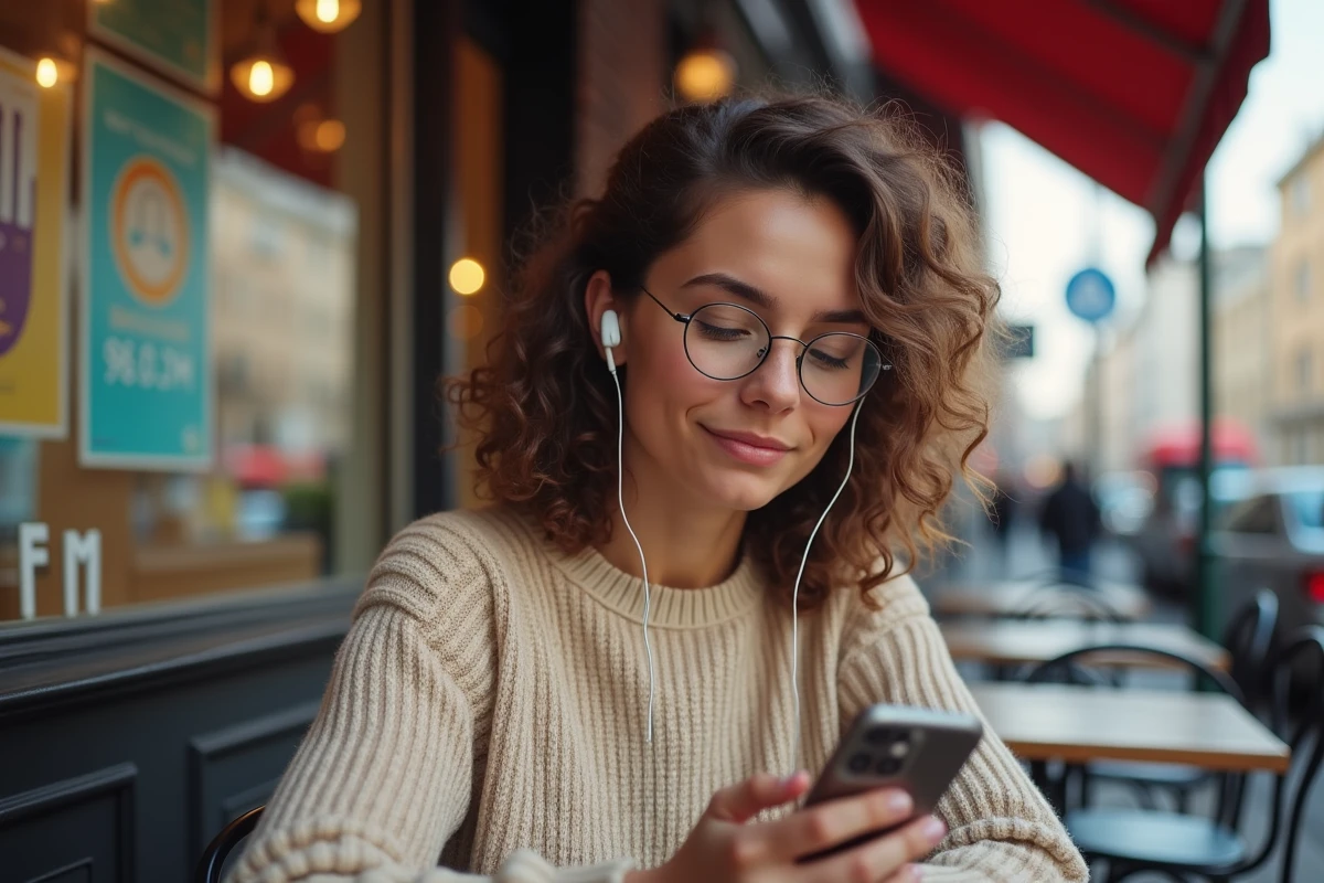 Jeune femme écoute smartphone dans un café urbain