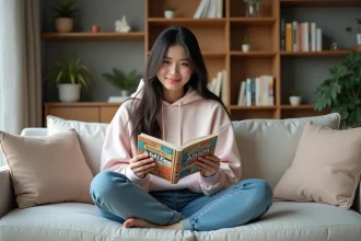 Jeune femme lisant un Manwha dans un salon cosy