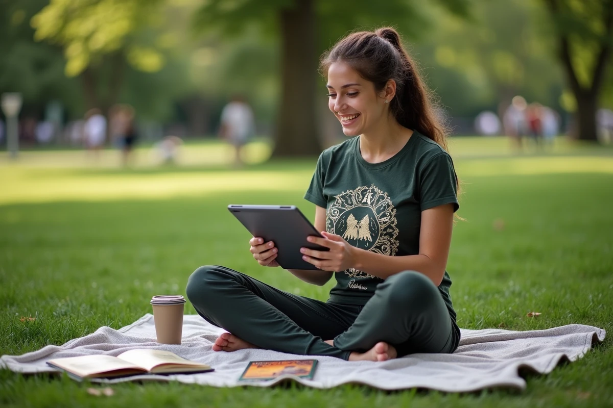 Jeune femme lisant un guide de films dans un parc en plein air