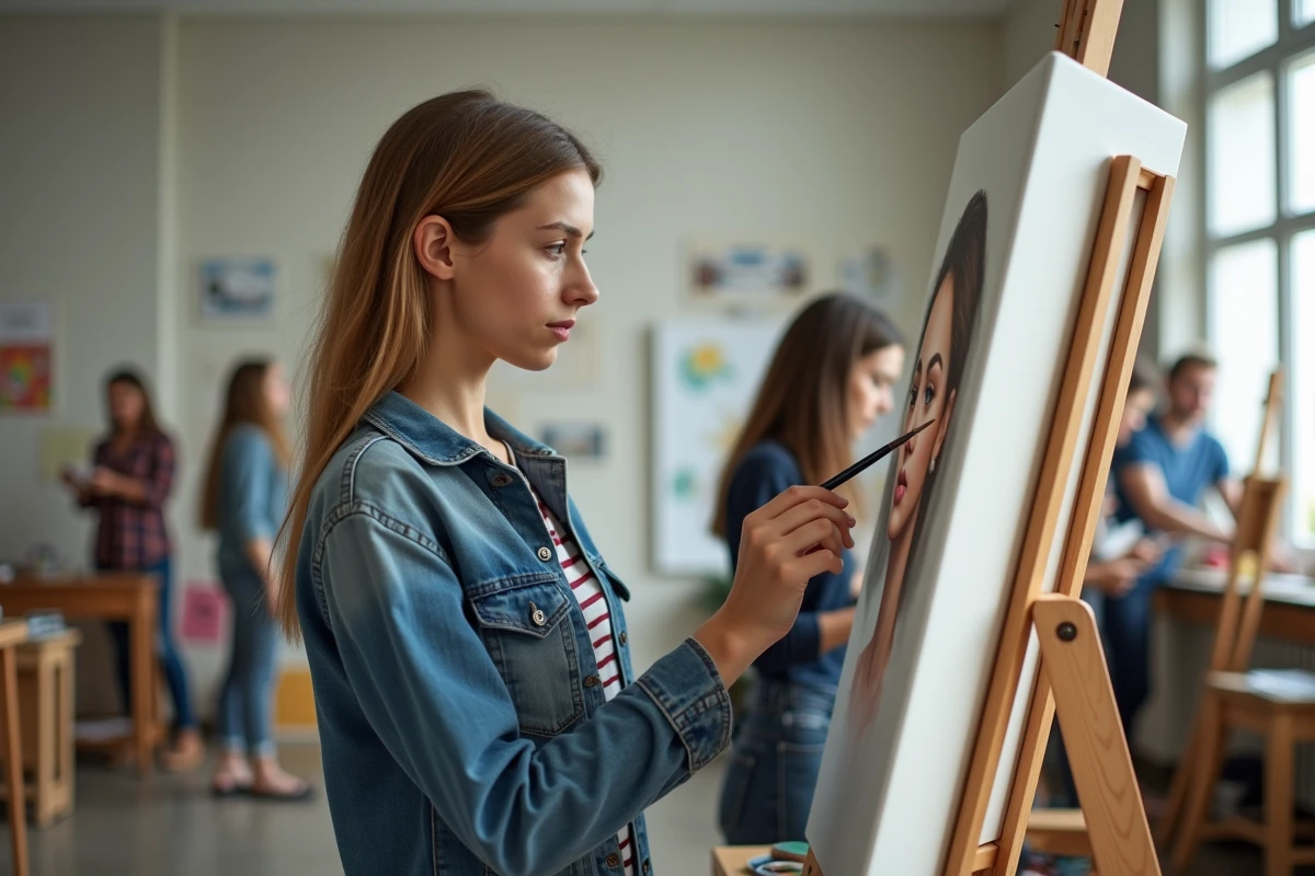 Jeune étudiante en art peignant un portrait dans un atelier moderne