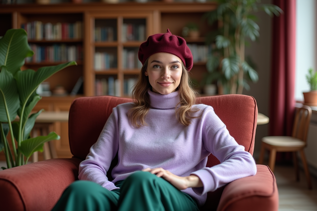 Jeune femme souriante en pull lilas dans un salon chaleureux