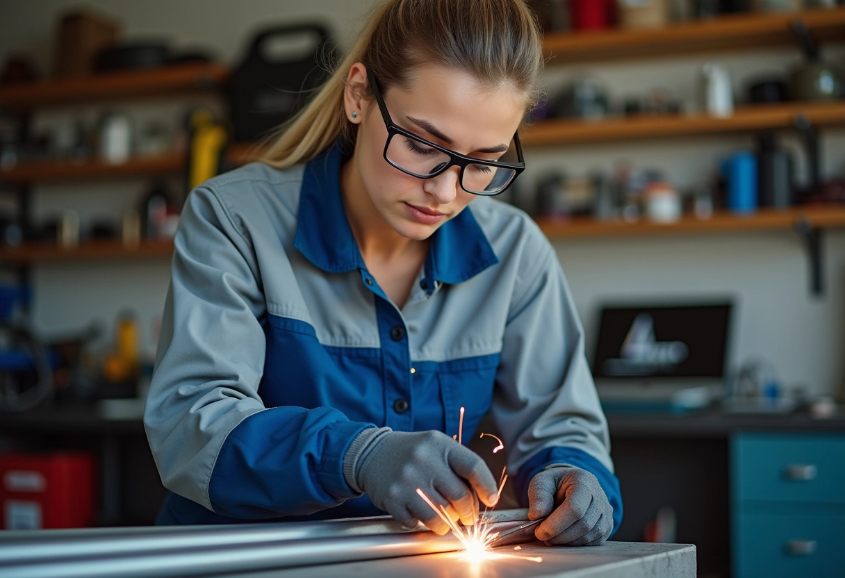 Jeune femme soudant en garage avec équipement de sécurité