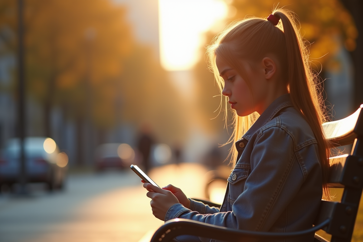 Jeune fille assise seule sur un banc de parc en réflexion