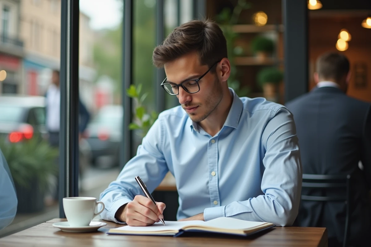 Jeune homme au café notant ses horaires d