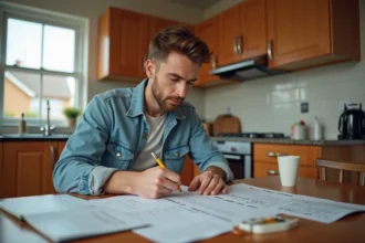 Jeune homme concentré à la cuisine en train de faire des calculs