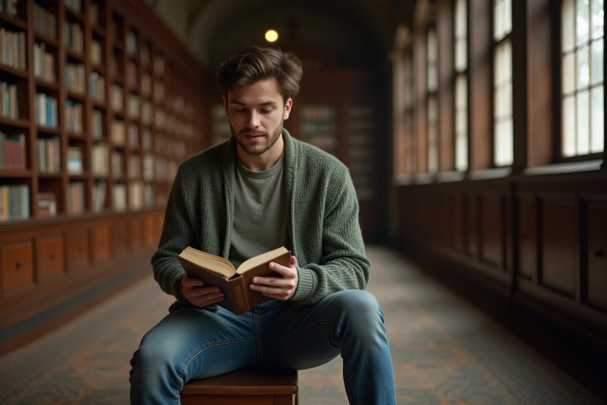 Jeune homme lisant dans une vieille bibliothèque