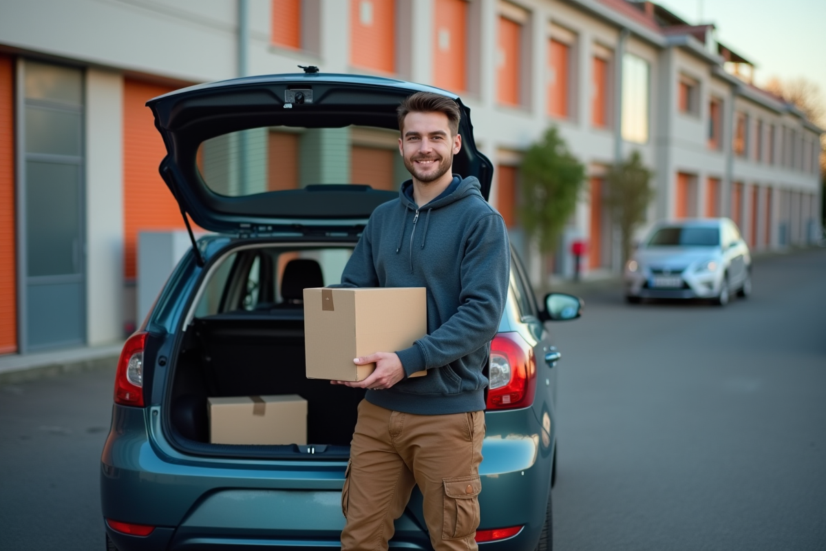 Jeune homme déplaçant une boîte dans un parking extérieur