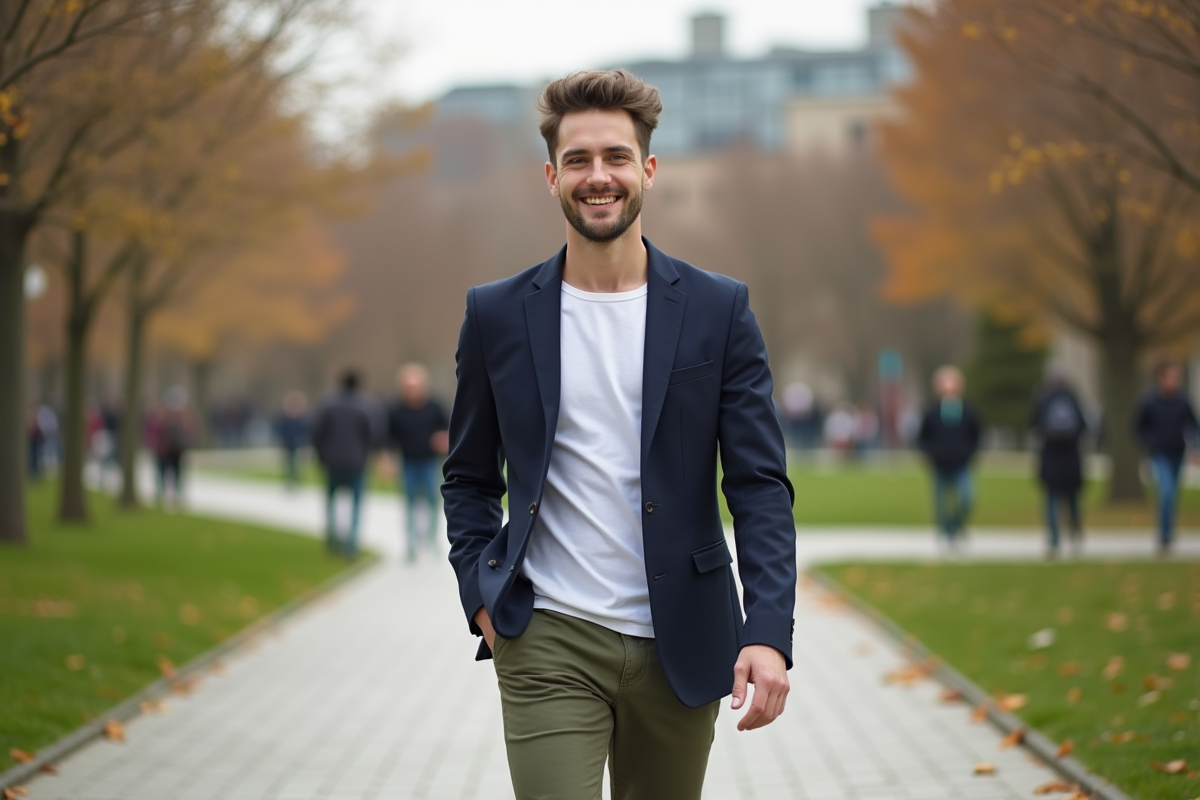 Jeune homme en blazer dans un parc en automne