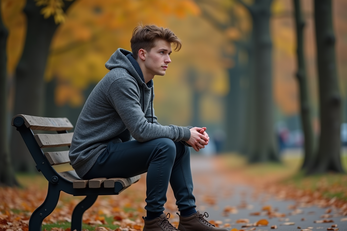 Jeune homme seul sur un banc dans un parc d