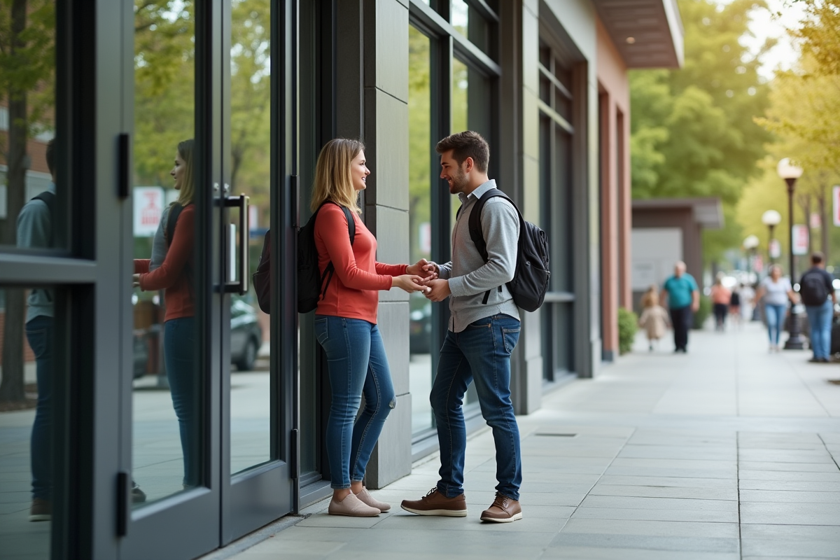 Adolescent tenant la porte pour une femme devant une bibliothèque moderne