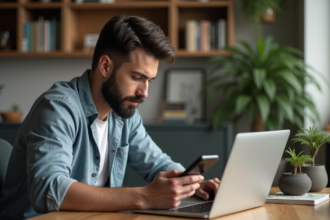 Jeune homme utilisant un portefeuille digital sur son ordinateur