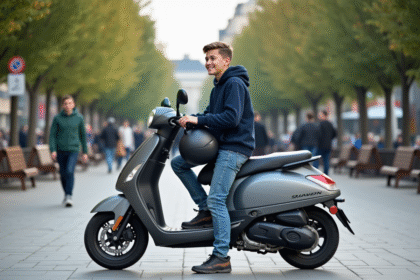 Jeune garçon souriant avec scooter en ville animée