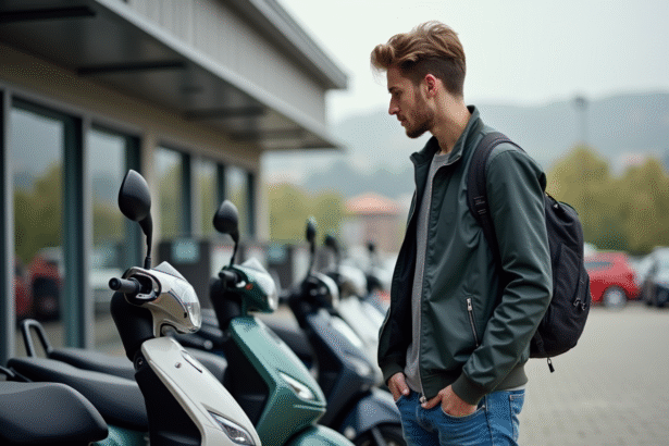 Jeune homme inspectant des scooters 50cc en ville