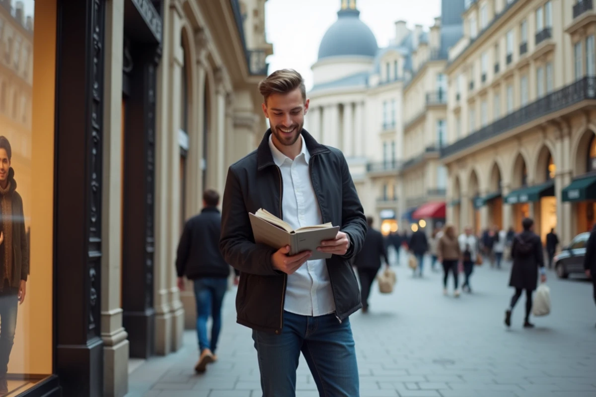 Jeune homme regardant un guide à Paris