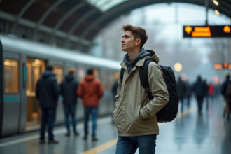Jeune homme pensif à la gare en voyage