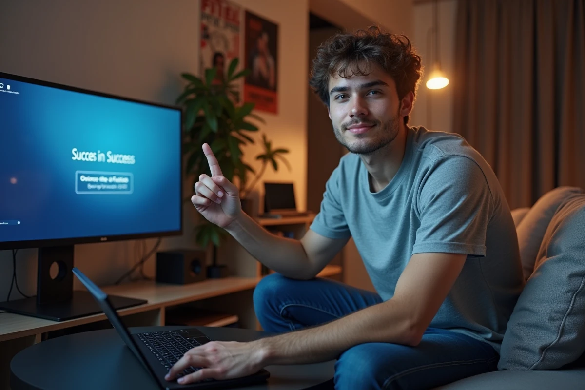 Jeune homme montrant un écran de réussite sur son ordinateur