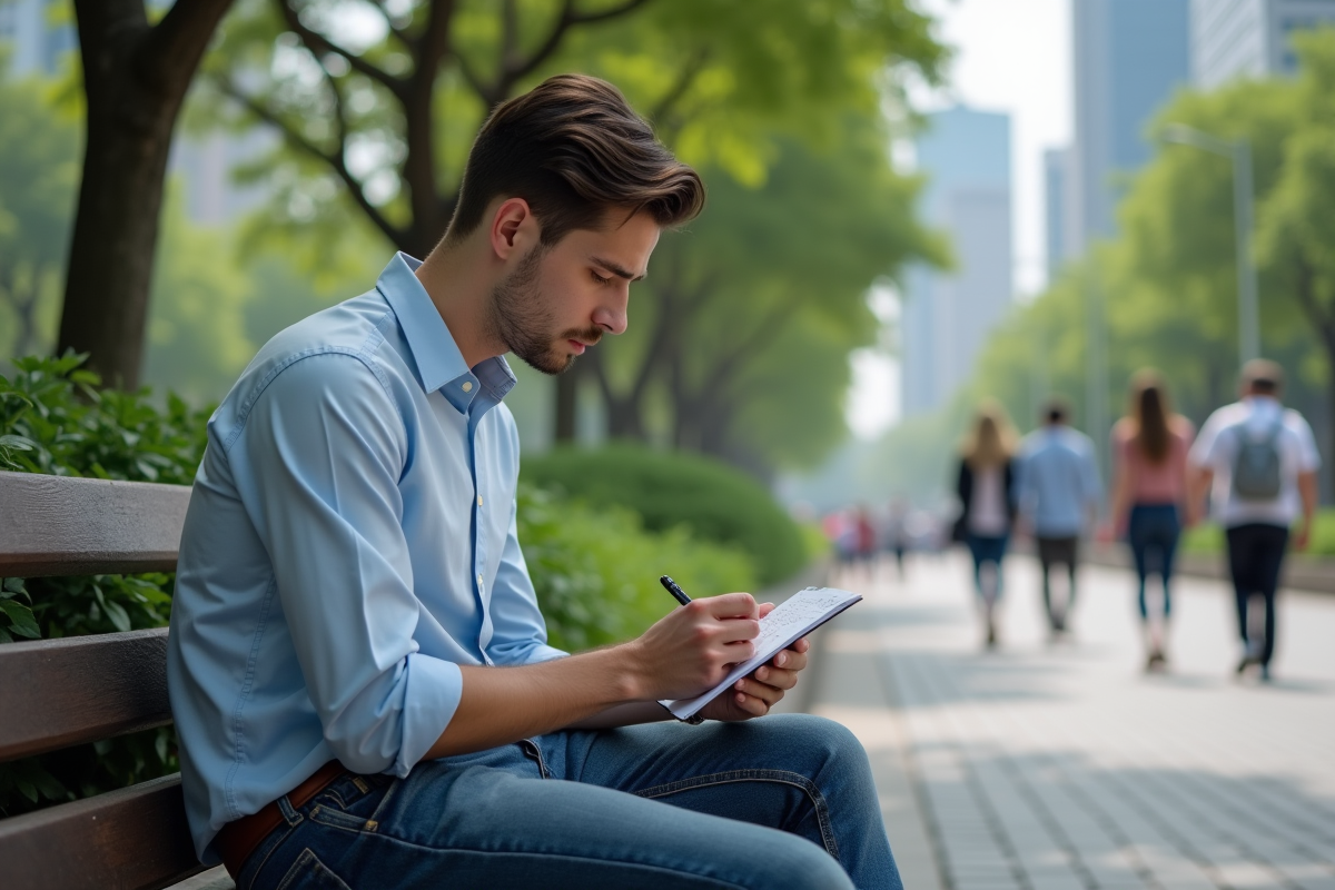 Jeune homme lisant une note dans un parc urbain