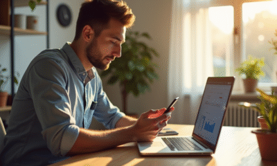 Jeune professionnel vérifiant ses transactions crypto sur smartphone