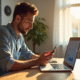 Jeune professionnel vérifiant ses transactions crypto sur smartphone