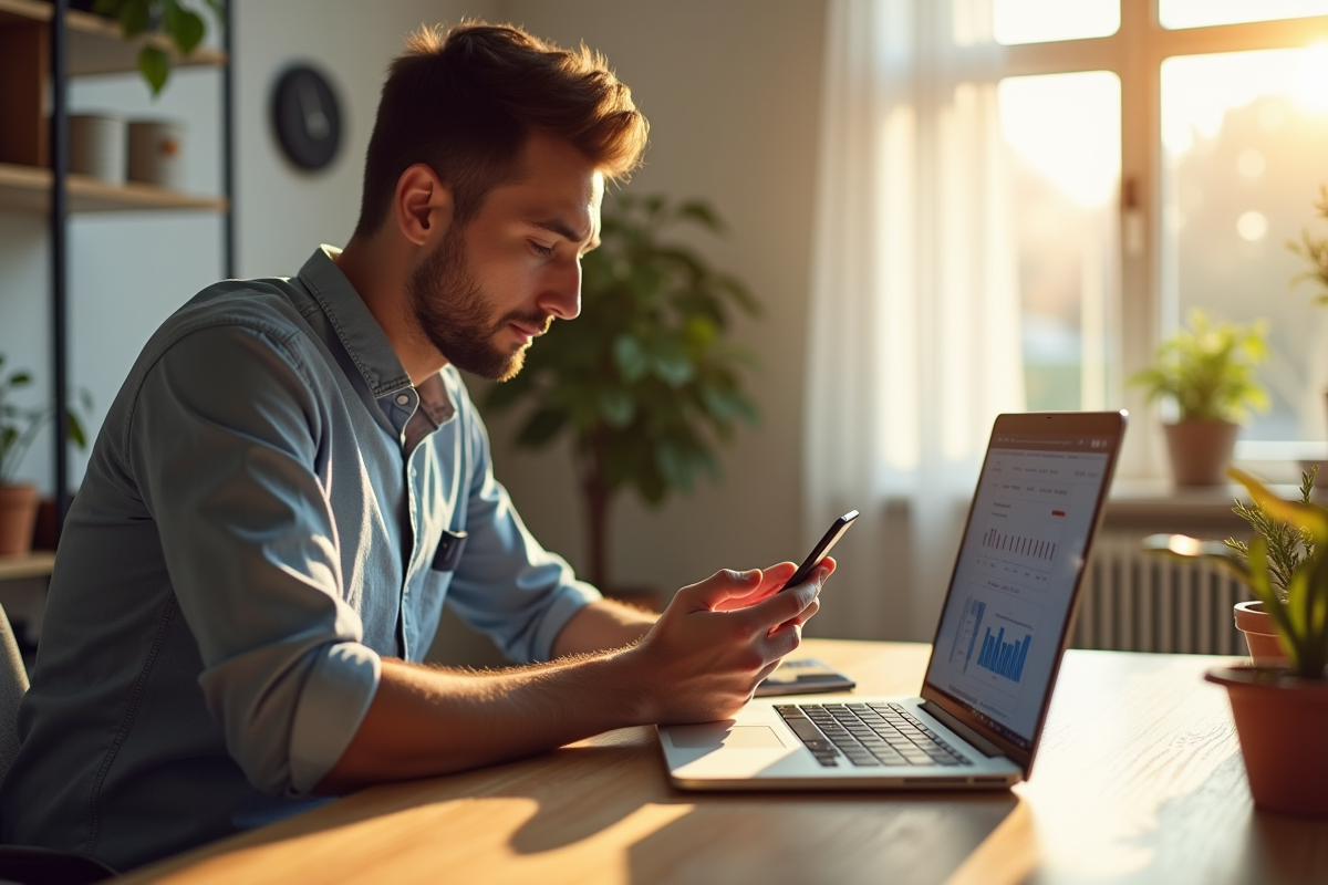 Jeune professionnel vérifiant ses transactions crypto sur smartphone