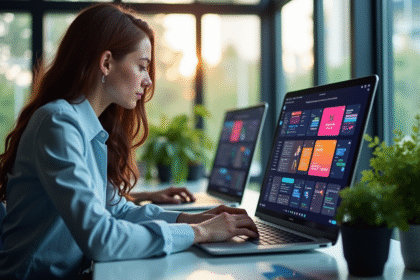 Jeune professionnel et femme travaillant sur une interface utilisateur