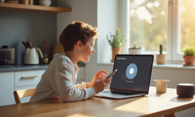 Jeune personne utilisant un smartphone dans une cuisine lumineuse