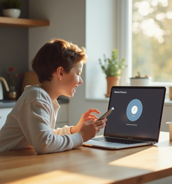 Jeune personne utilisant un smartphone dans une cuisine lumineuse