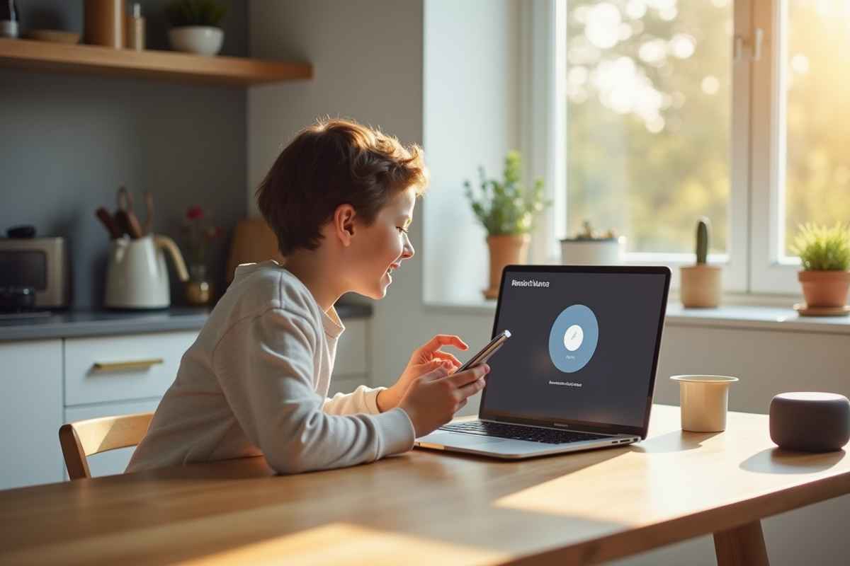 Jeune personne utilisant un smartphone dans une cuisine lumineuse