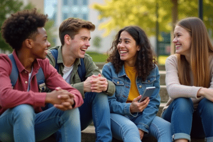 Groupe de jeunes discutant sur les escaliers de l'école