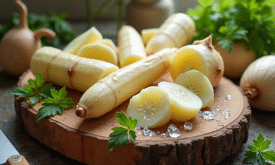 Racines de jicama fraîches tranchées sur une planche en bois