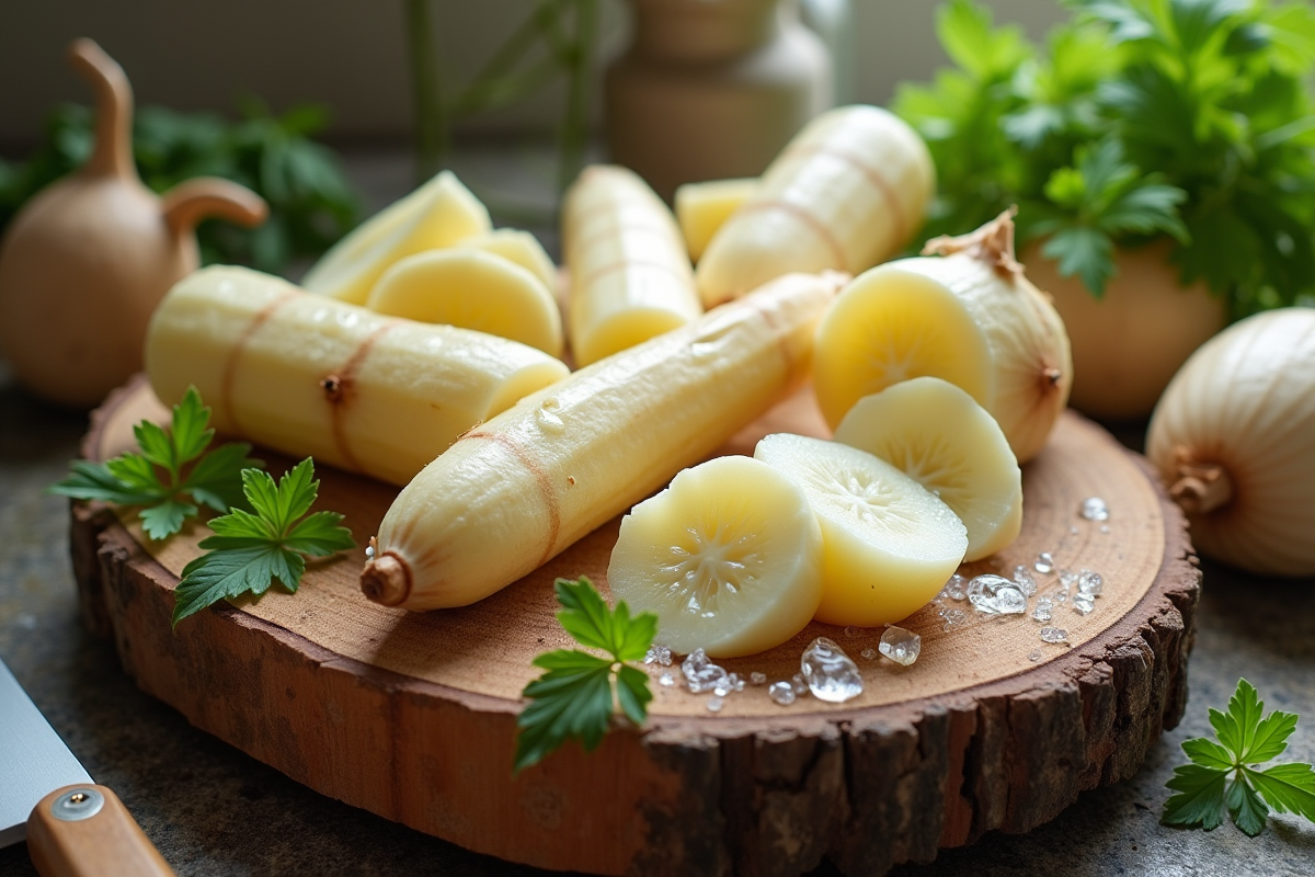 Racines de jicama fraîches tranchées sur une planche en bois