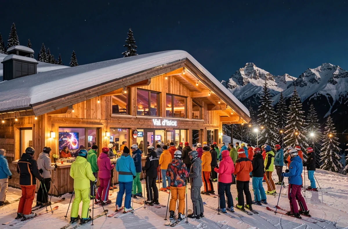 La Folie Douce à Val d'Isère, club d'altitude en chalet alpin entouré de neige et de montagnes