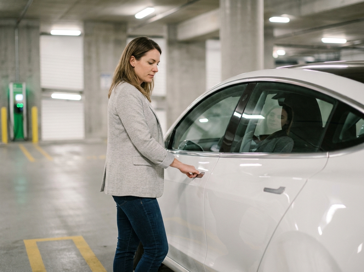 Femme en blazer gris évaluant une voiture électrique blanche en stationnement urbain pour un leasing en 2026