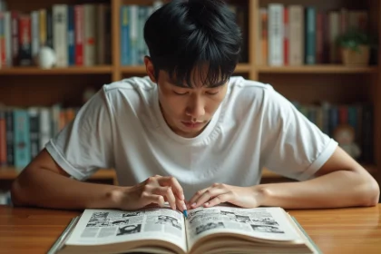 Lecteur de manga concentré analysant les détails cachés d'un volume de One Punch Man ouvert sur un bureau en bois