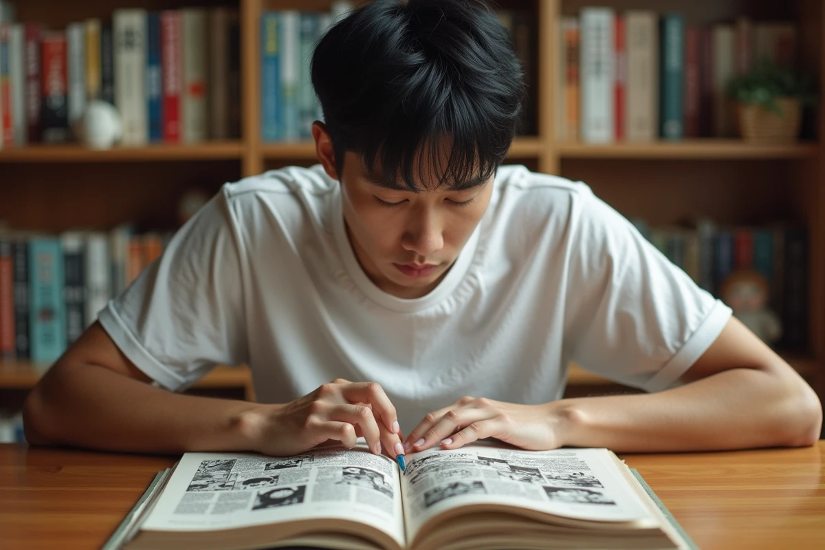 Lecteur de manga concentré analysant les détails cachés d'un volume de One Punch Man ouvert sur un bureau en bois