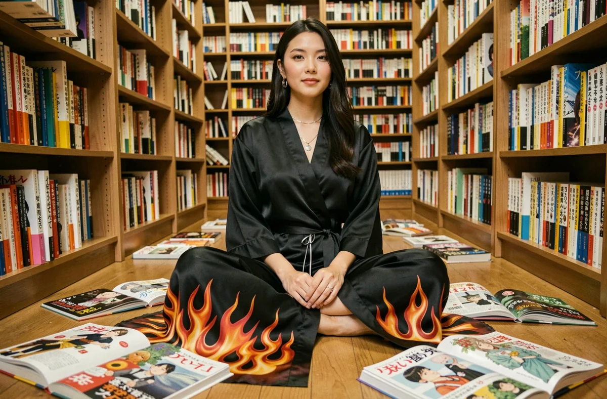 Jeune femme lisant des mangas sur le sol d'une bibliothèque entourée de volumes de manga, évoquant la lecture légale de scans en ligne