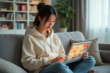 Jeune femme lisant des webtoons et mangas en français sur un site gratuit depuis son ordinateur portable dans son salon