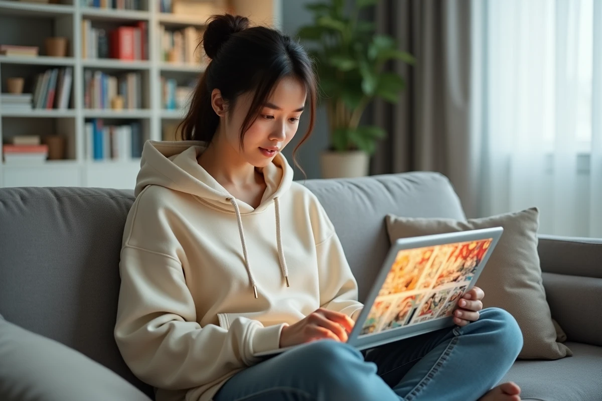 Jeune femme lisant des webtoons et mangas en français sur un site gratuit depuis son ordinateur portable dans son salon