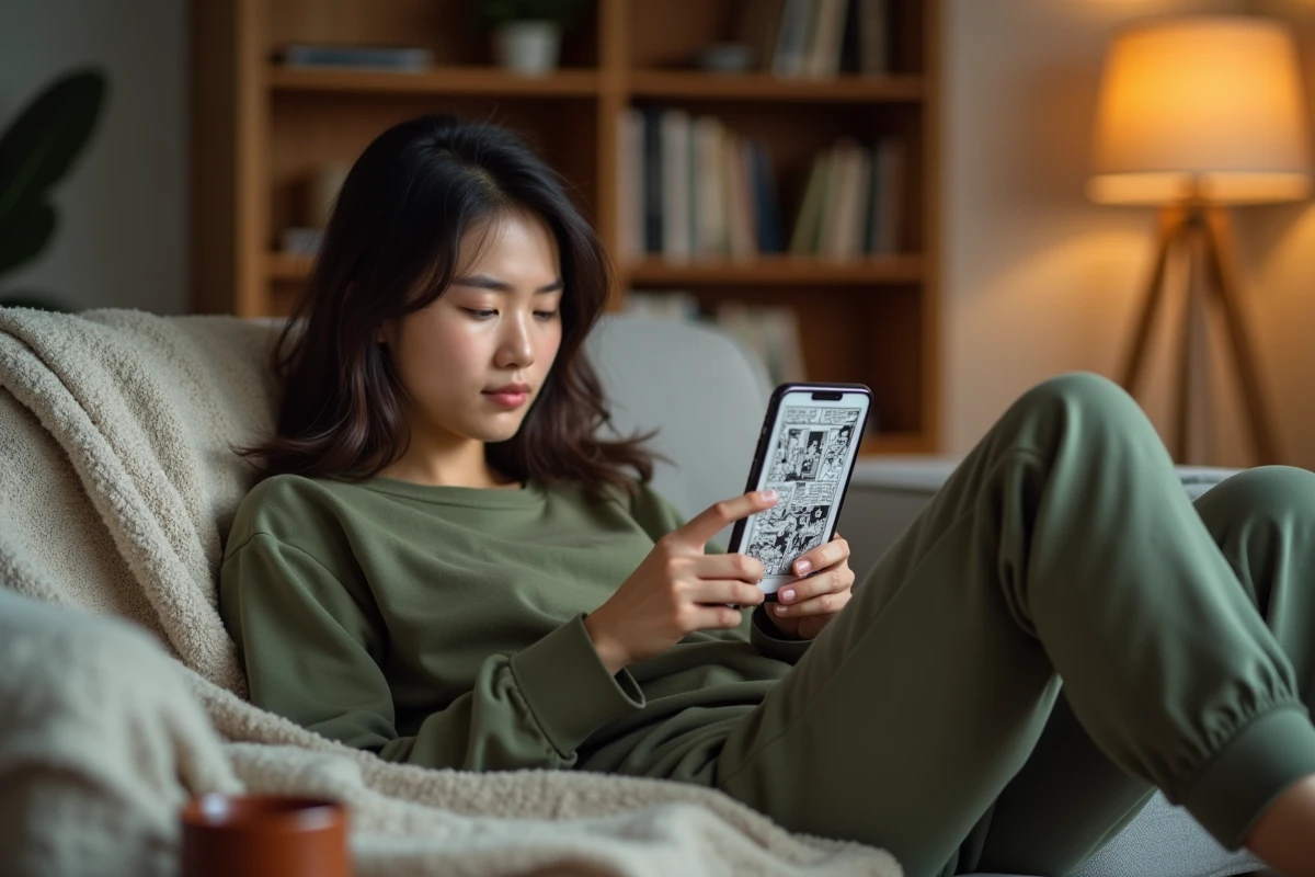 Jeune femme lisant un scan de manga One Piece sur smartphone allongée dans un canapé confortable