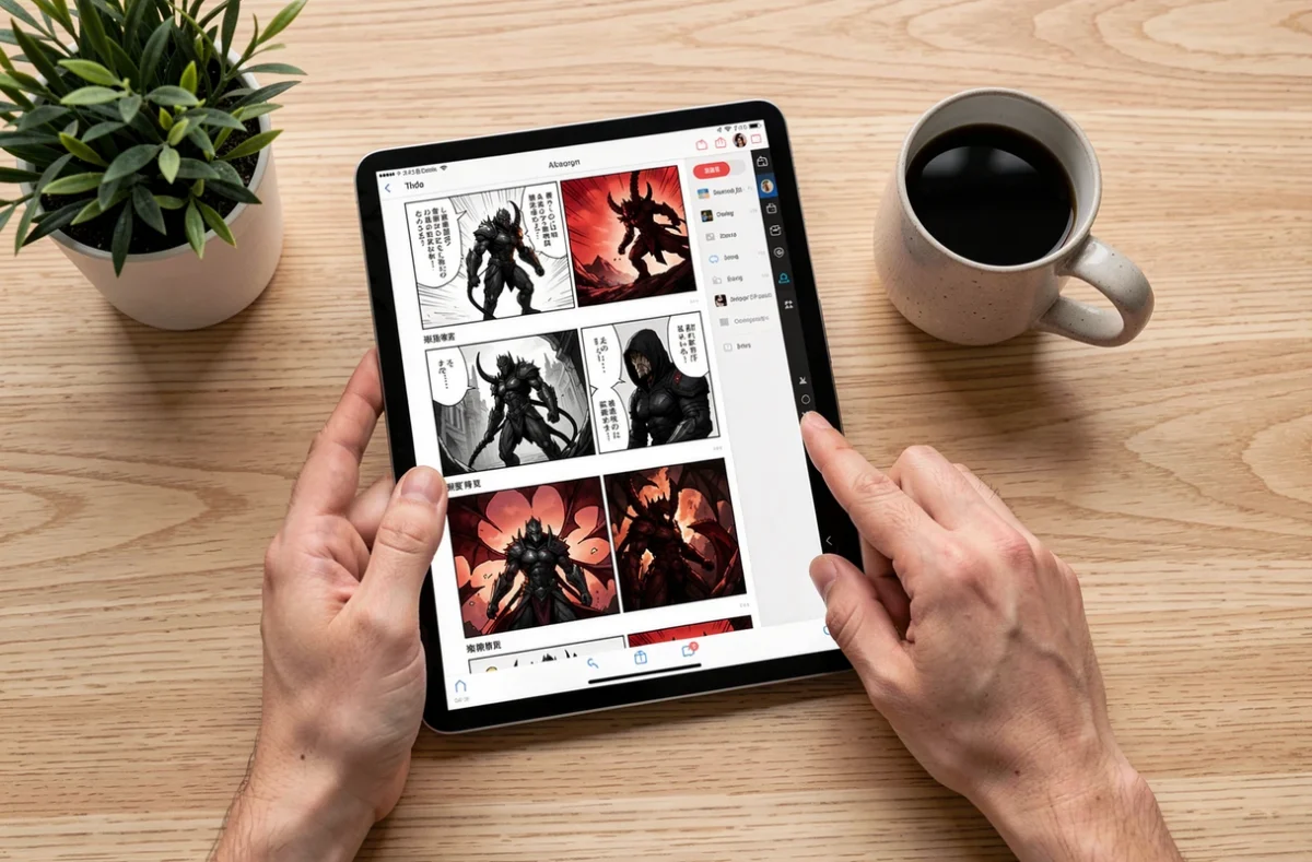 Mains tenant une tablette affichant une interface de lecture de manga en ligne, illustrant la lecture légale de scans VF sur internet