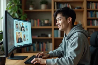 Jeune homme lisant des scans manga en français sur un écran d'ordinateur dans un bureau cosy