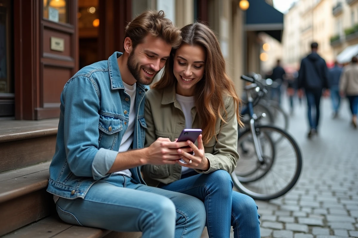 Deux jeunes adultes lisant un webtoon gratuit en français ensemble sur smartphone dans un cadre urbain extérieur