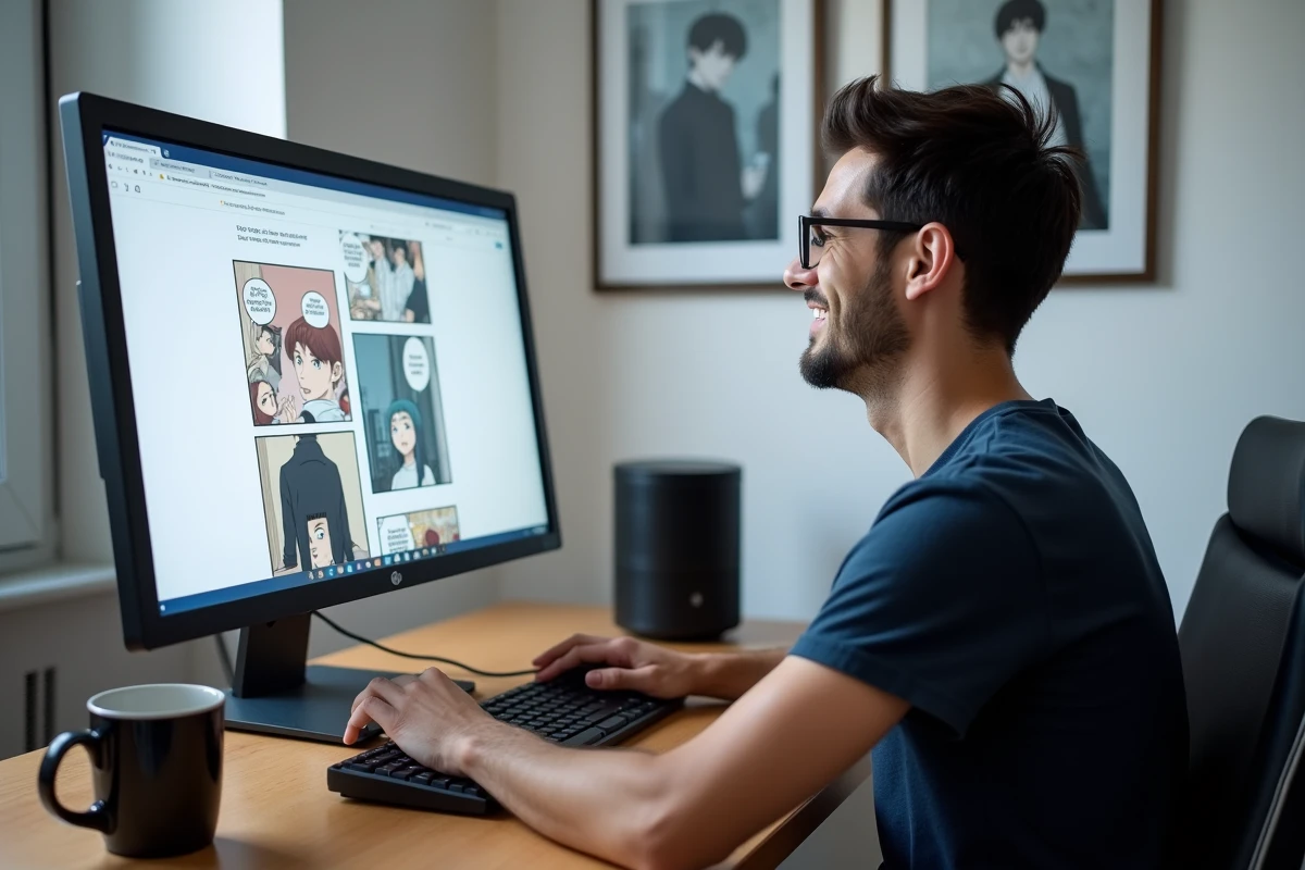 Homme lisant des mangas en français sur un site de lecture gratuit depuis un ordinateur de bureau dans un bureau à domicile