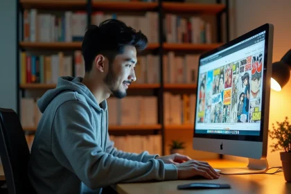 Jeune homme lisant One Piece en scan sur un grand écran d'ordinateur dans un bureau à domicile