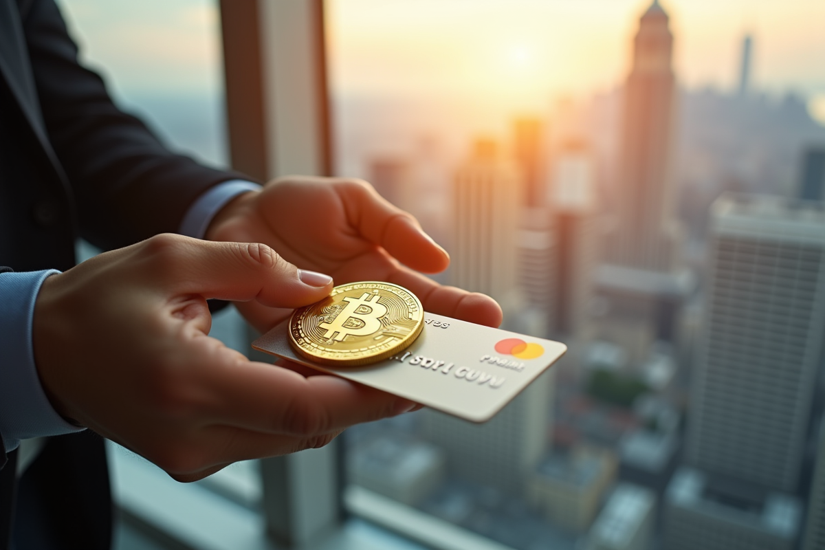 Mains tenant une pièce d or Bitcoin devant une carte bancaire