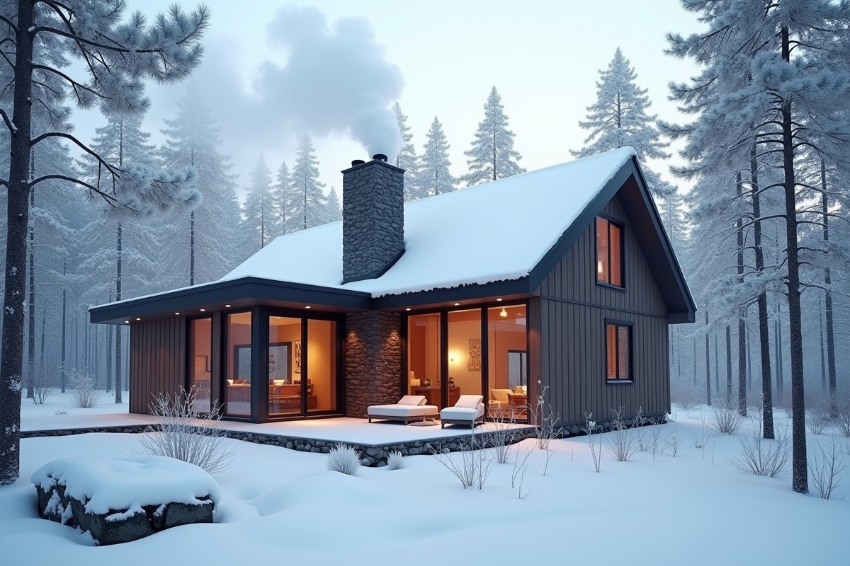 Maison écologique en hiver avec cheminée fumante et neige