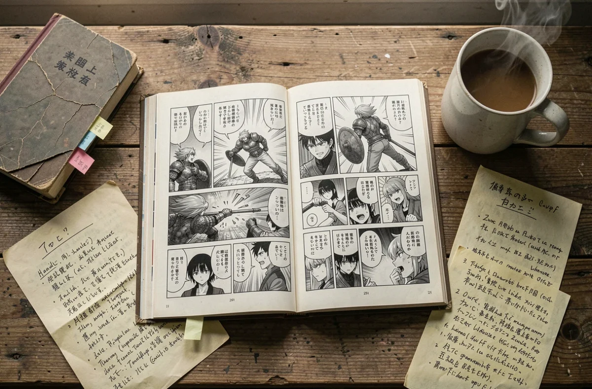 Volume de manga ouvert avec notes de recherche sur l'histoire et les personnages de Hunter x Hunter posé sur un bureau en bois