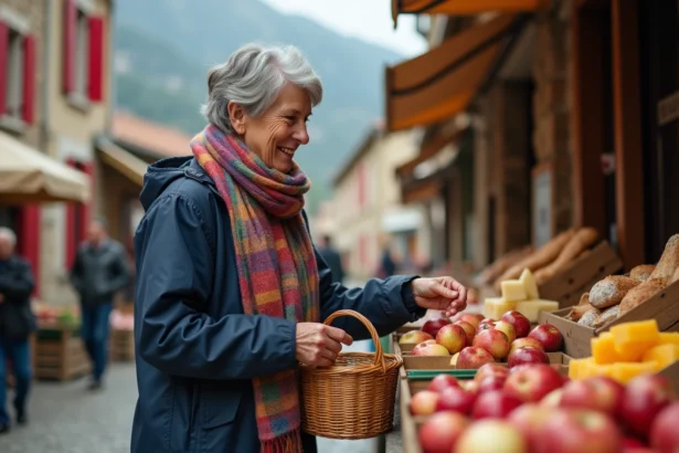 Femme souriante au marché d'Argeles Gazost avec produits locaux
